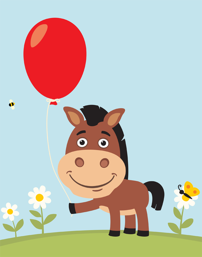 Cartoon horse holding a balloon